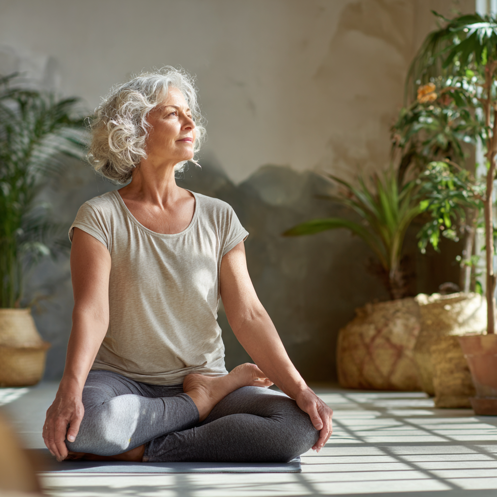Middle-aged woman practicing gentle yoga poses in peaceful studio environment
