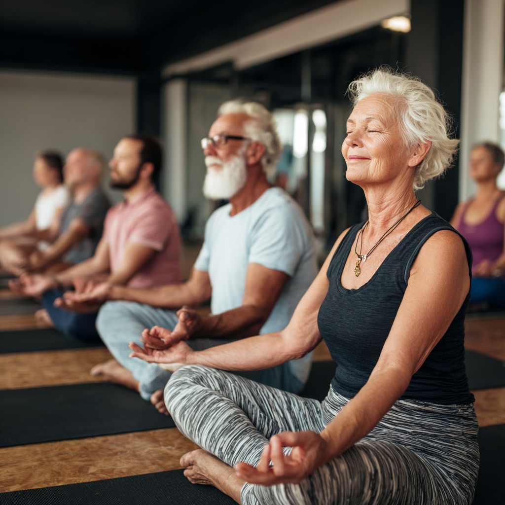 Senior adults practicing yoga in group session with experienced instructor guidance